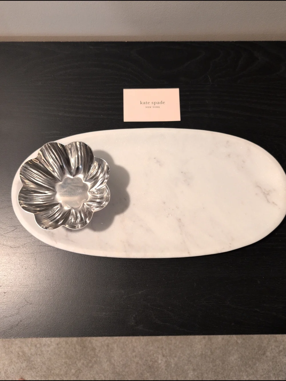 kate spade Gramercy Marble Oval Serving Platter w/Silver Flower Bowl New In Box